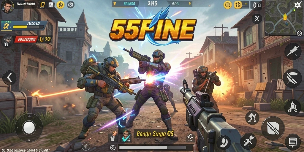 Tampilan gameplay seru dalam <strong>55FIVE</strong> yang menunjukkan pertarungan intens.