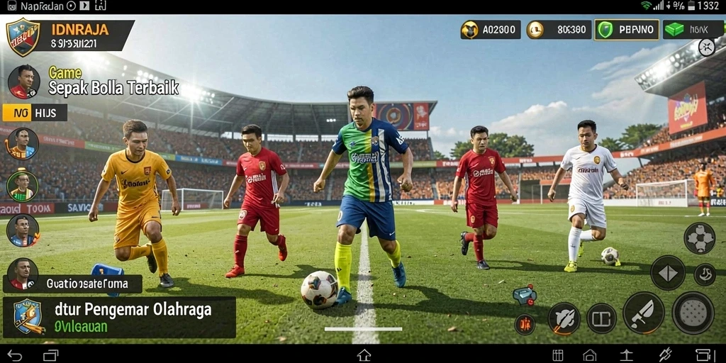 Screenshot gameplay IDNRAJA menampilkan aksi pertandingan sepak bola yang seru.