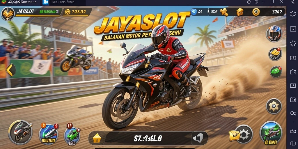 Screenshot gameplay JAYASLOT menampilkan balapan motor yang seru dan menegangkan.