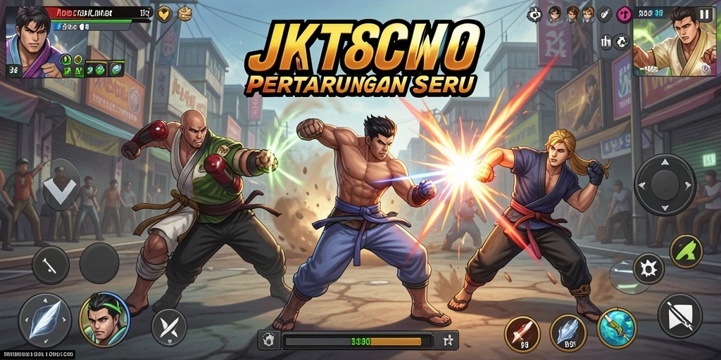 Gameplay seru JKT8 dengan karakter bertarung yang beragam.