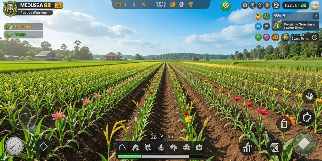 Gameplay MEDUSA88 menampilkan petani yang merawat ladang dengan penuh semangat.
