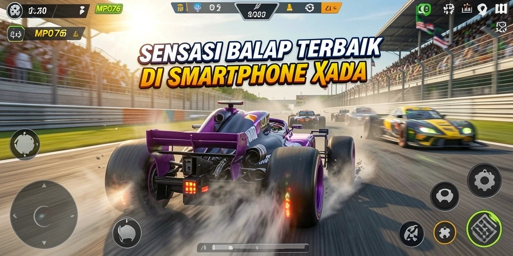 Screenshot MPO76 menunjukkan mobil balap dengan latar belakang trek yang menantang.