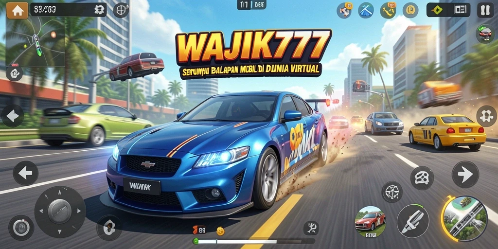 Screenshot gameplay menampilkan mobil balap di lintasan yang menegangkan.